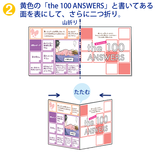 黄色の「the 100 ANSWERS」と書いてある面を表にしてさらに下記のように二つ折りにします。